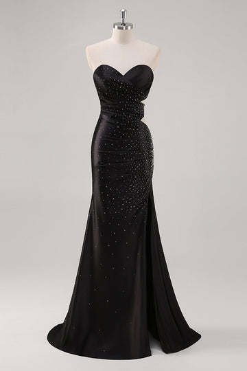 Robe de soirée fourreau noir scintillante avec fente